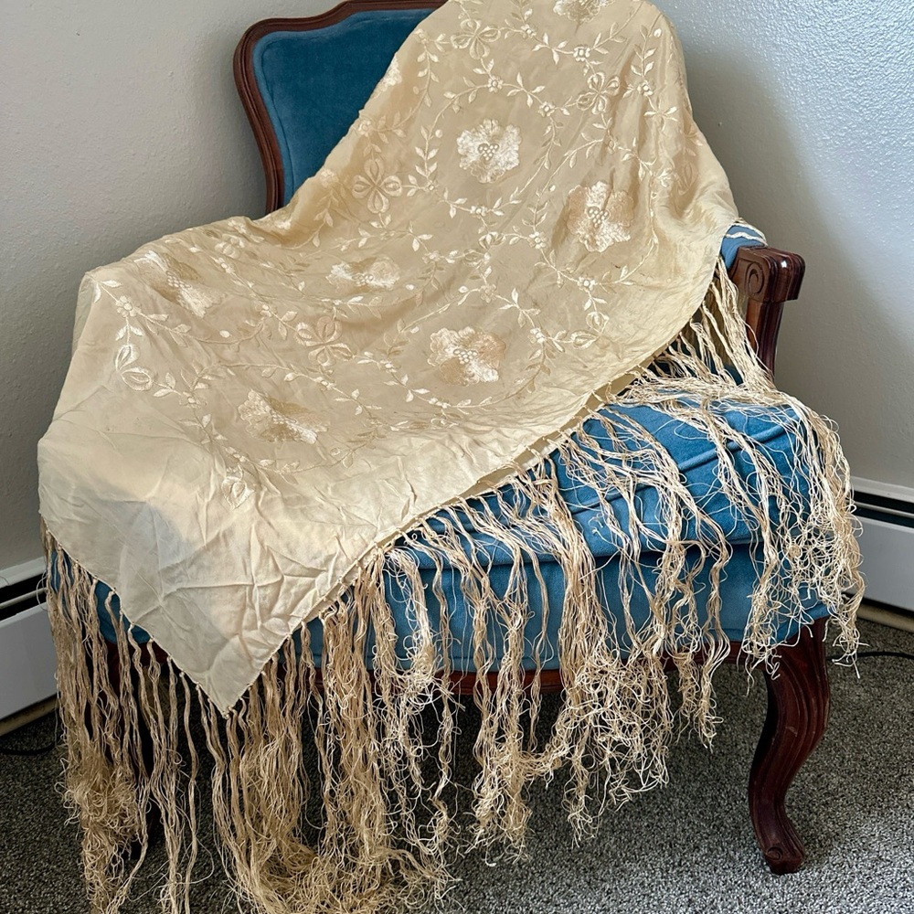 NOT FOR SALE Antique Silk Embroidered Piano Shawl Hand Knotted Fringe